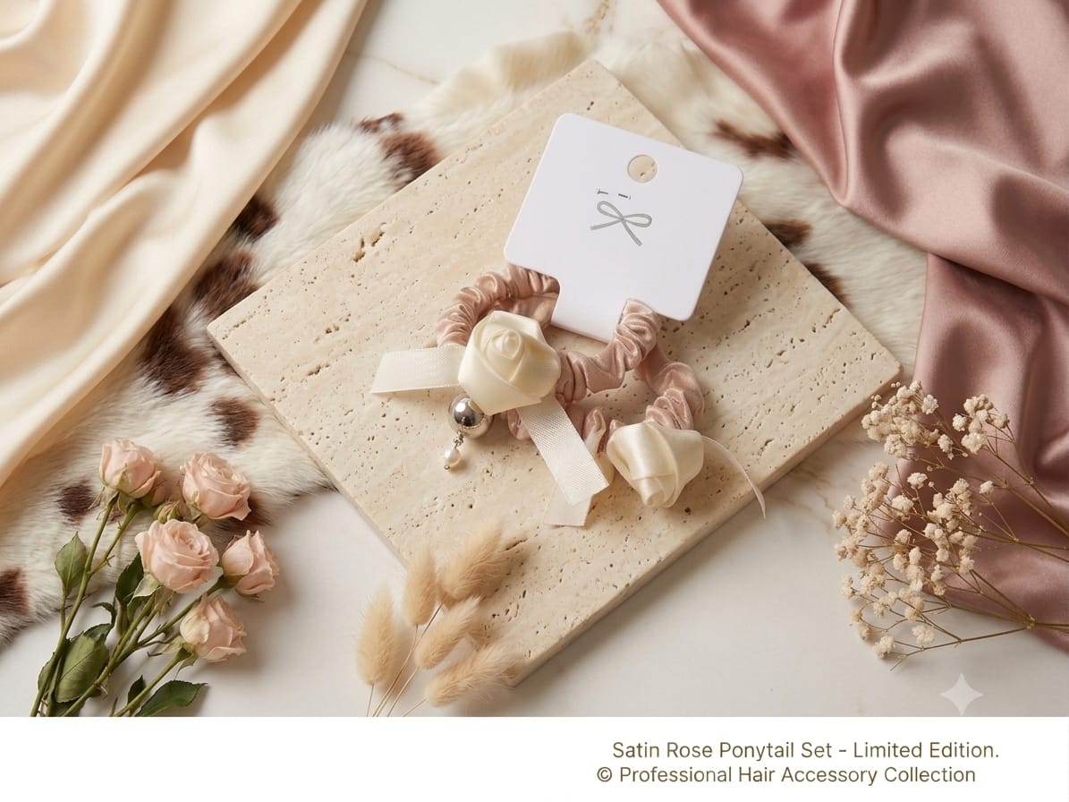 Afen Elegant Satin Camellia Rose Hair Scrunchies Set with Metallic Pearl Accents