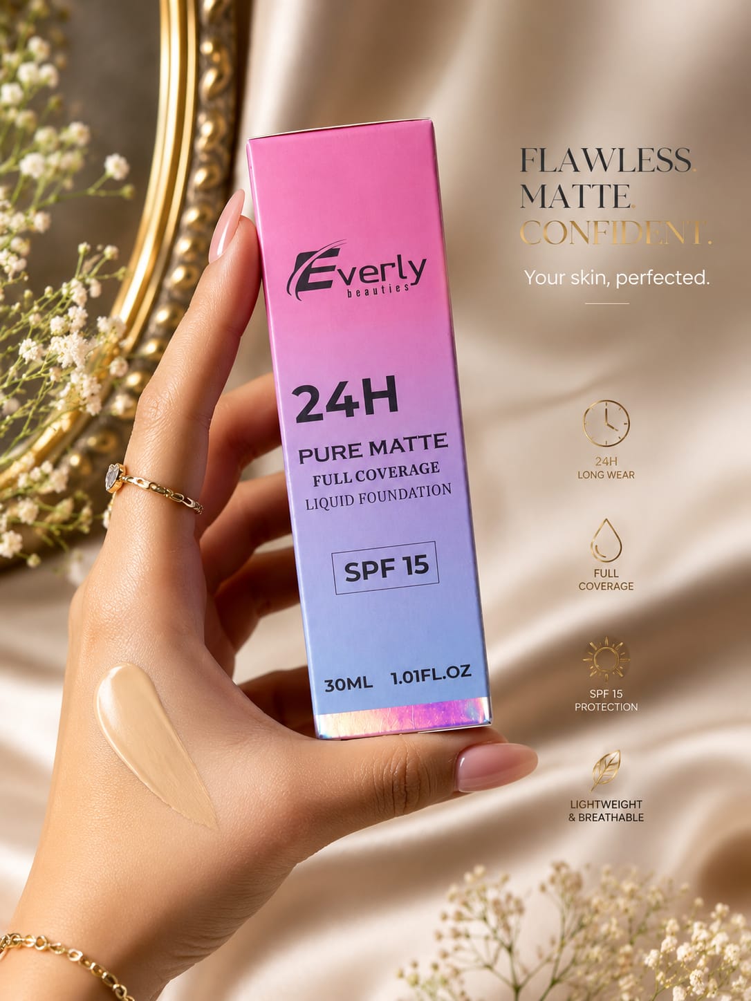 Everly Beauties 24H Pure Matte Full Coverage Liquid Foundation SPF 15 (30ml)