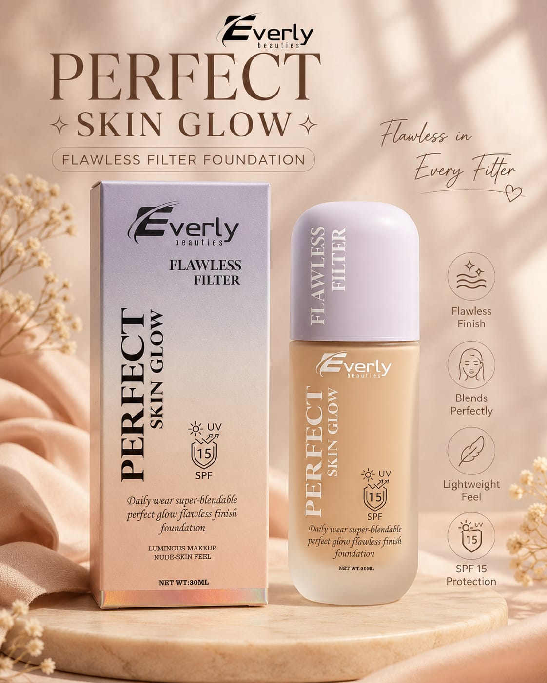 Everly Beauties Perfect Skin Glow Flawless Filter Foundation SPF 15